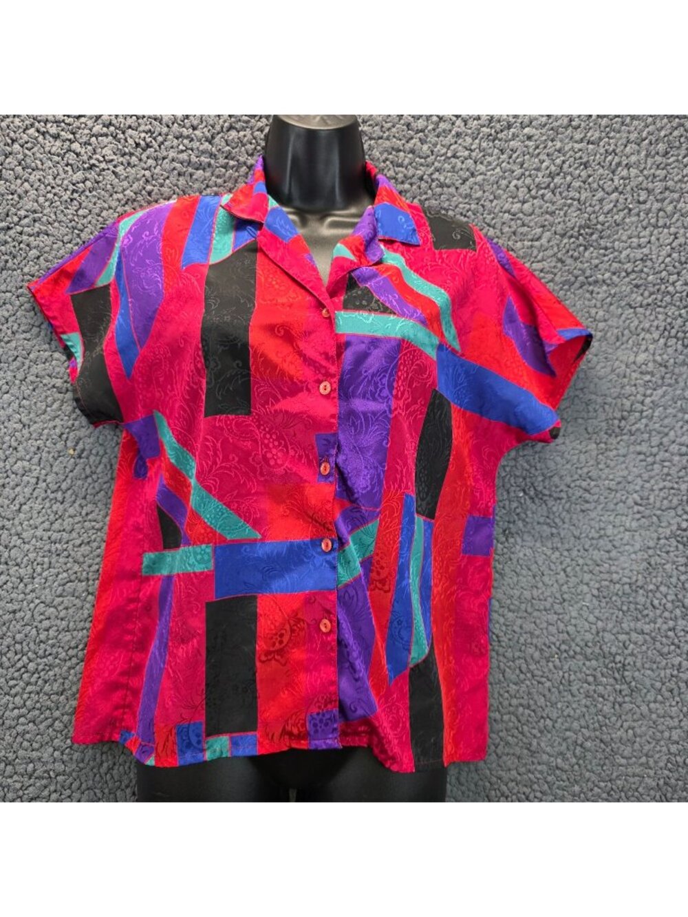 Vintage Personal Petites 8 Colorful Geometric Button Up Blouse Red Retro Indie